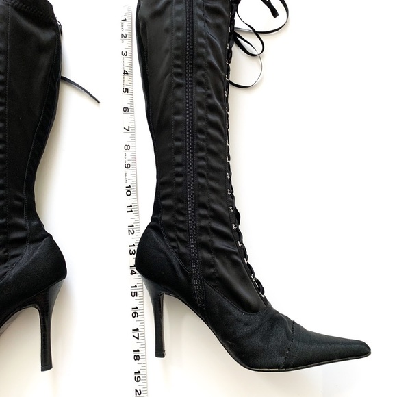 Black Satin Corset Lace-up Heeled Boots Sidezip 8 - Picture 9 of 15